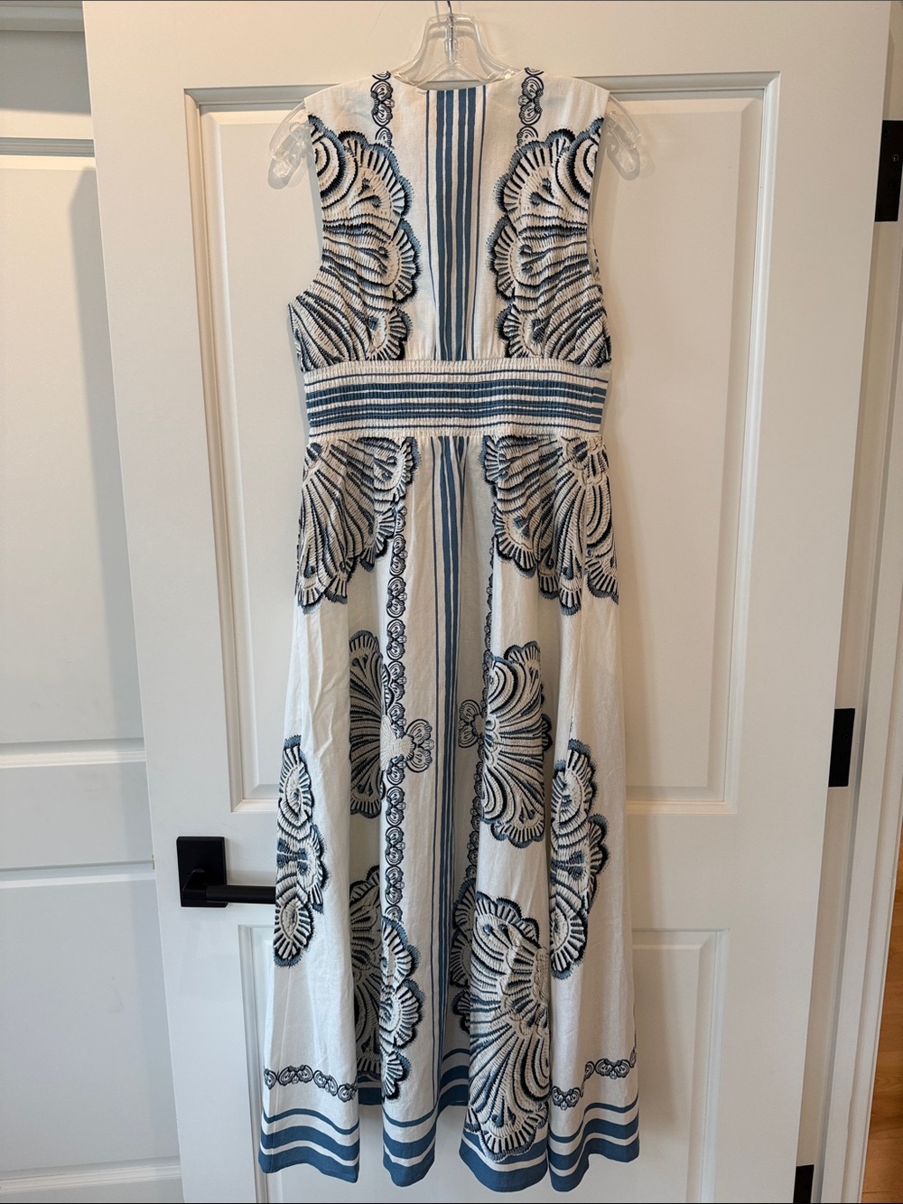 Christian Lacroix White Linen Maxi Dress with Blue Coastal Shell Motif - Picture 2 of 9